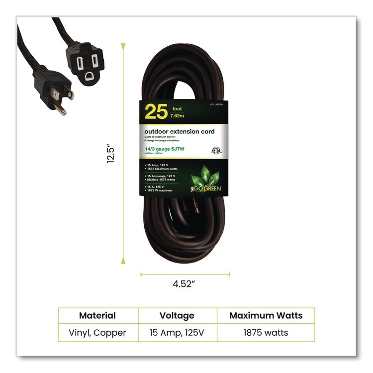 14 AWG Outdoor Extension Cord, 25 ft, 15 A, Black