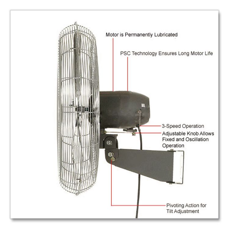 Oscillating Wall Mount Fan, 24", 3 Speeds, Black