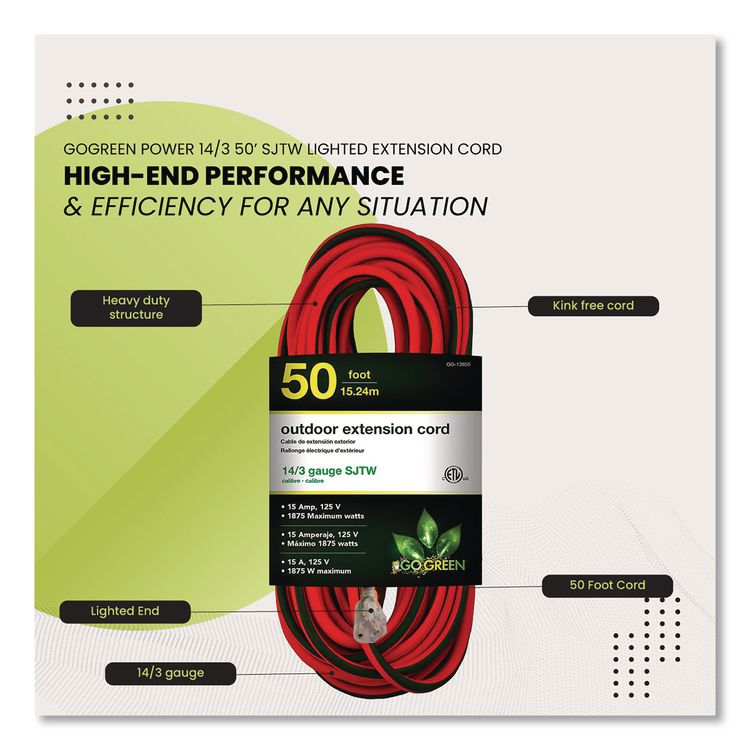 14 AWG Outdoor Extensioin Cord, 50 ft, 15 A, Orange