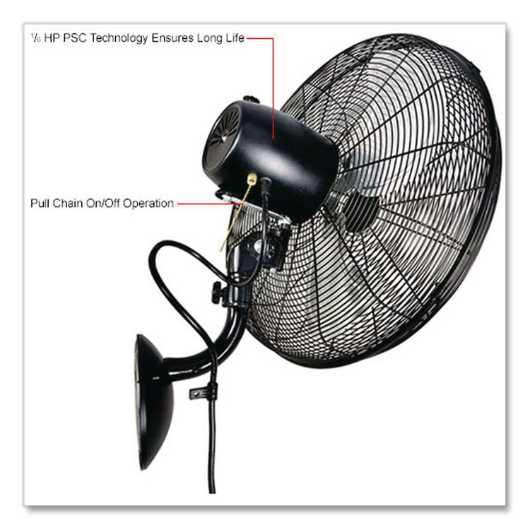 Industrial Wall Mounted Oscillating Fan, 20", 3 Speeds, Black
