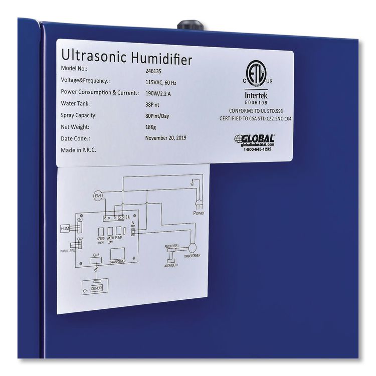 Ultrasonic Humidifier, 38 pt Tank Capacity, 150 pt Output, 13.75 x 23.62 x 18.25, Blue