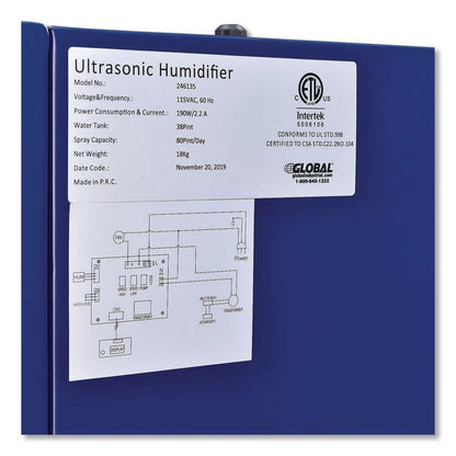 Ultrasonic Humidifier, 38 pt Tank Capacity, 150 pt Output, 13.75 x 23.62 x 18.25, Blue