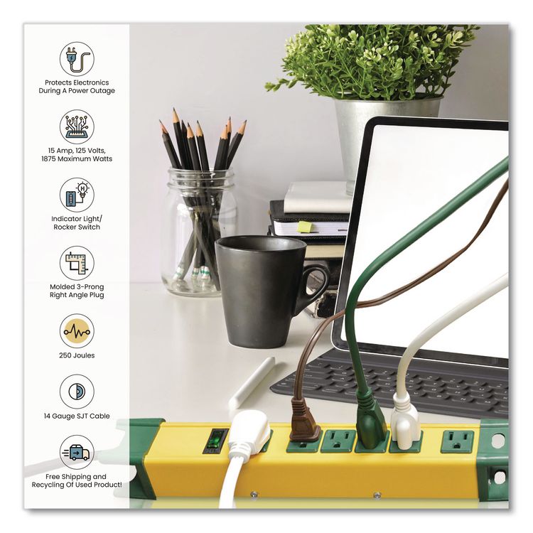 6 Outlet Metal Surge Protector, 6 ft Cord, 250 J, Yellow