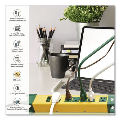 6 Outlet Metal Surge Protector, 6 ft Cord, 250 J, Yellow