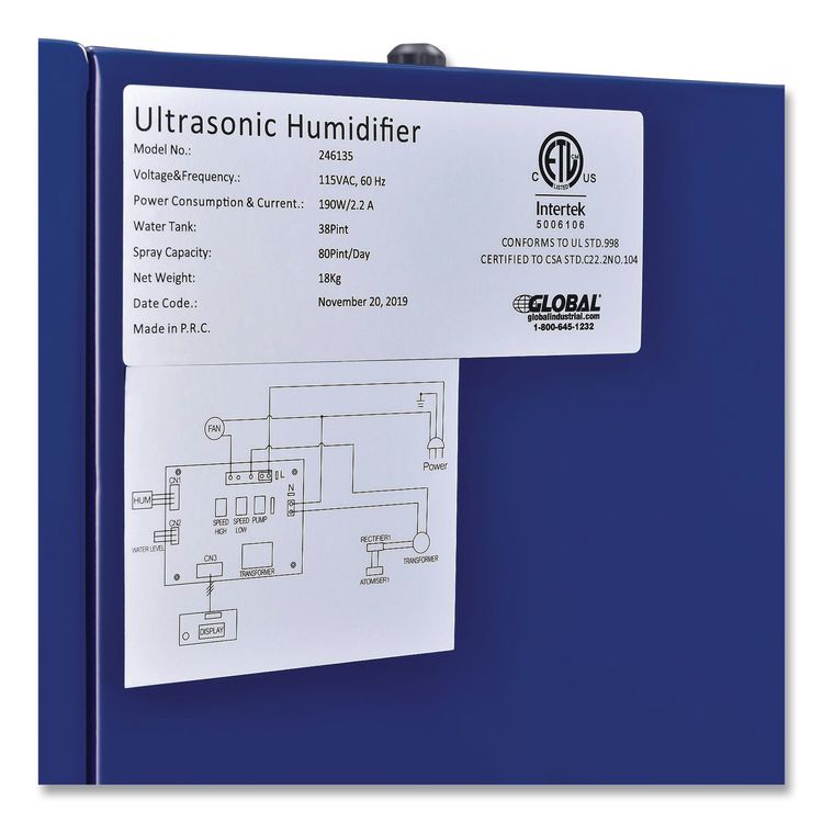 Ultrasonic Humidifier, 38 pt Tank Capacity, 300 pt Output, 13.75 x 23.62 x 18.25, Blue