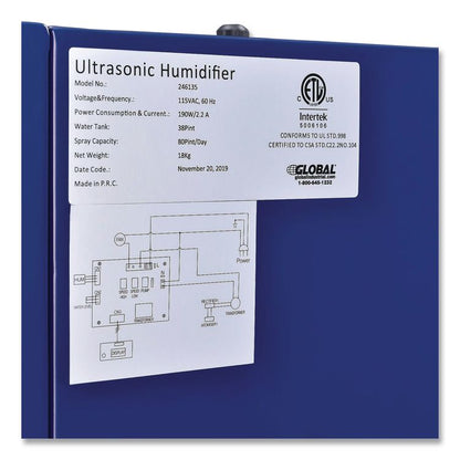 Ultrasonic Humidifier, 38 pt Tank Capacity, 300 pt Output, 13.75 x 23.62 x 18.25, Blue