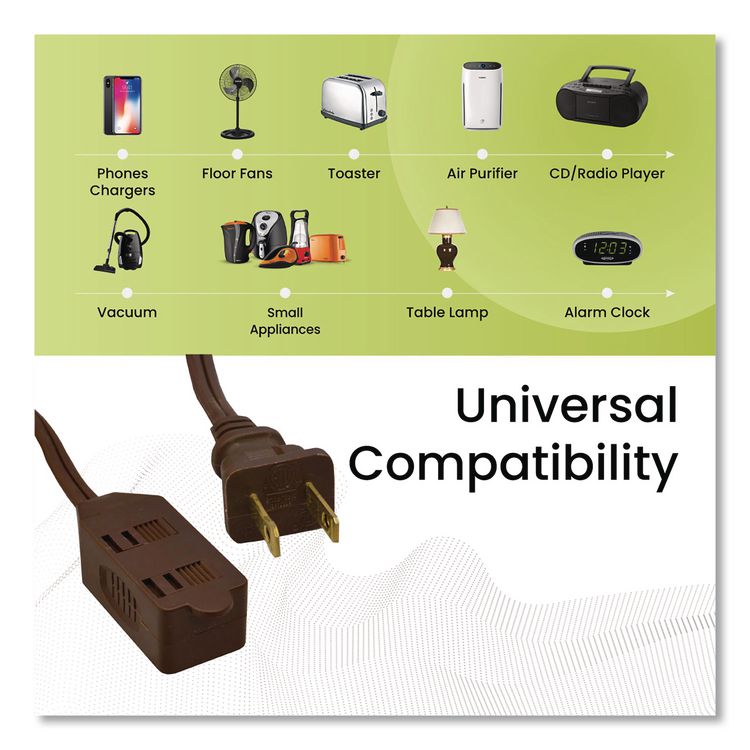 Household Extension Cord, 20 ft, 13 A, Brown, 3/Pack