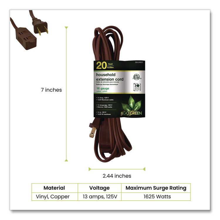 Household Extension Cord, 20 ft, 13 A, Brown, 3/Pack