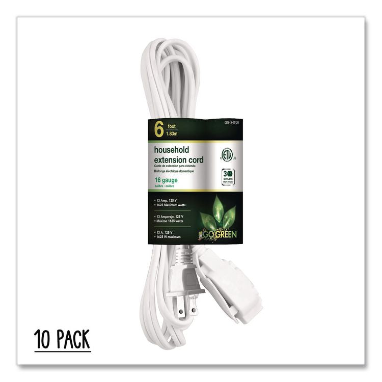 Household Extension Cord, 6 ft, 13 A, White 10/Pack