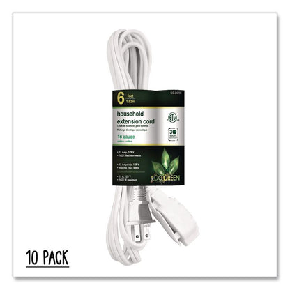 Household Extension Cord, 6 ft, 13 A, White 10/Pack