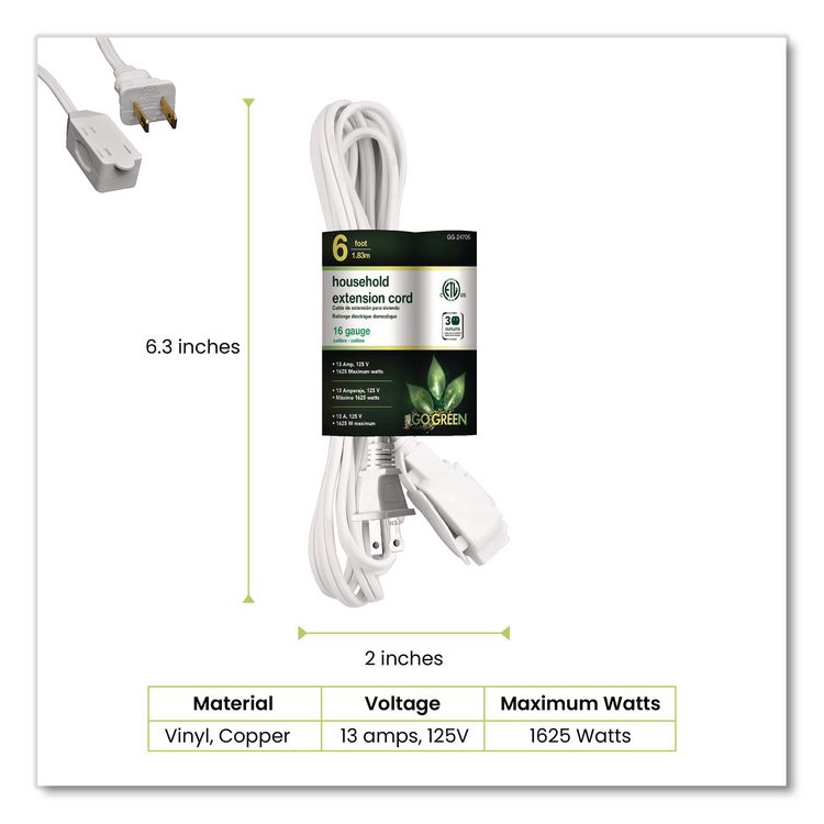 Household Extension Cord, 6 ft, 13 A, White 10/Pack