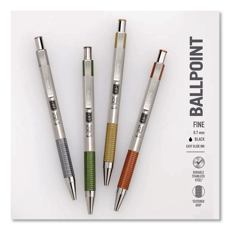 F-301 Signature Series Earthy Tones Ballpoint Pen, Retractable, Fine 0.7 mm, Black Ink, Pewter Barrel, 4/Pack