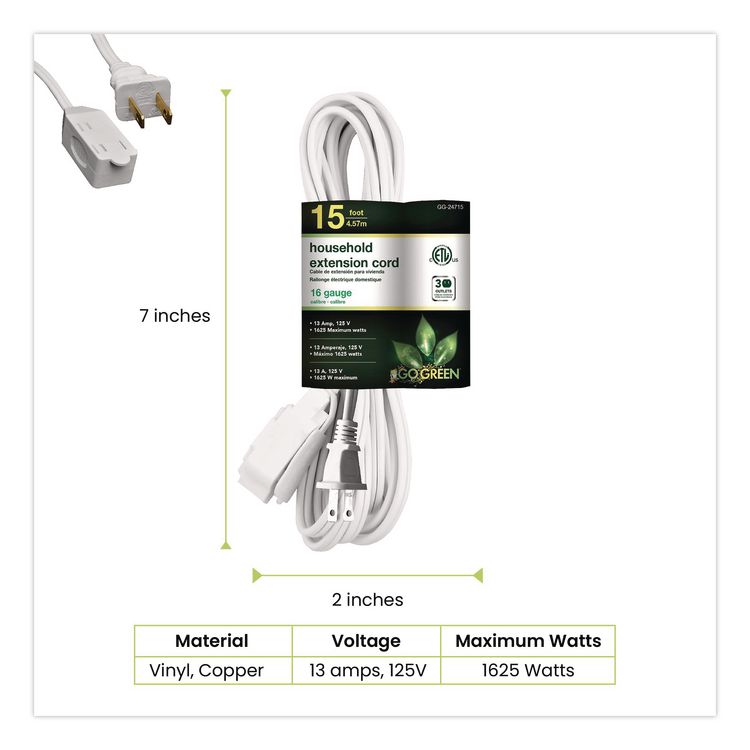 Household Extension Cord, 15 ft, 13 A, White, 3/Pack