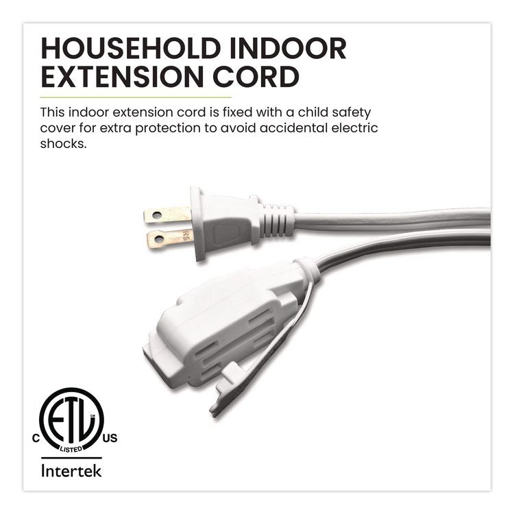 Household Extension Cord, 15 ft, 13 A, White, 3/Pack