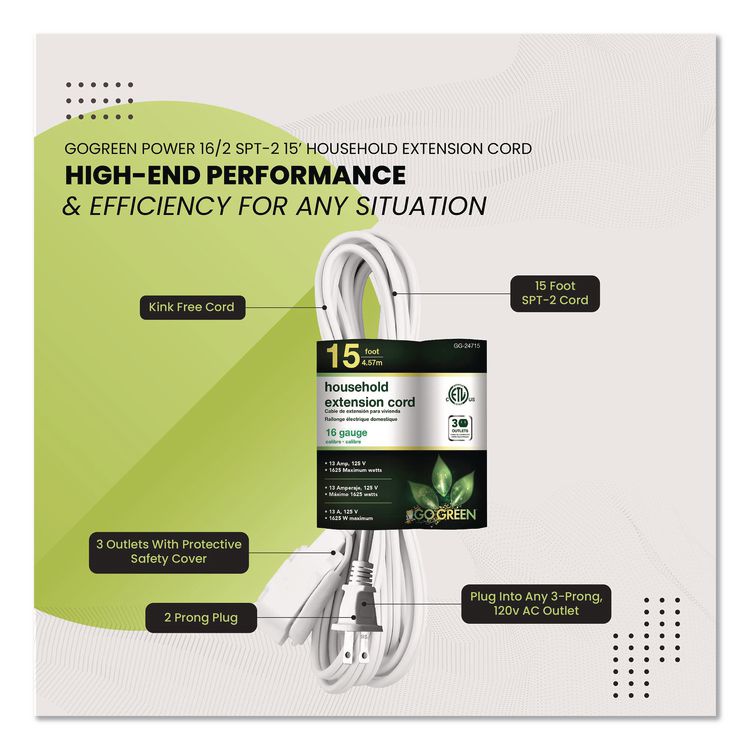Household Extension Cord, 15 ft, 13 A, White, 3/Pack