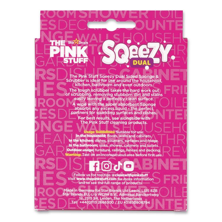 Sqeezy Dual-Sided Sponge and Scrubber, 4" x 5.3", 3.8" Thick, Pink/Ivory, 12/Carton