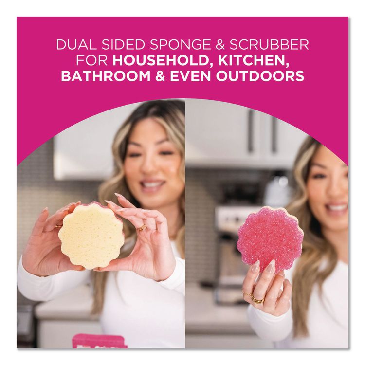 Sqeezy Dual-Sided Sponge and Scrubber, 4" x 5.3", 3.8" Thick, Pink/Ivory