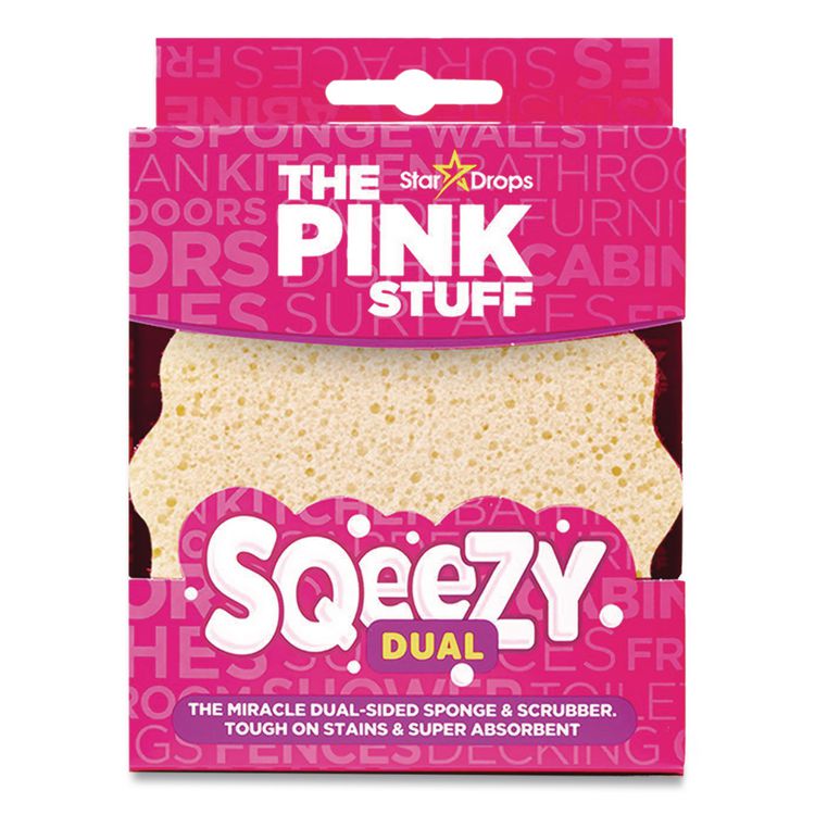 Sqeezy Dual-Sided Sponge and Scrubber, 4" x 5.3", 3.8" Thick, Pink/Ivory