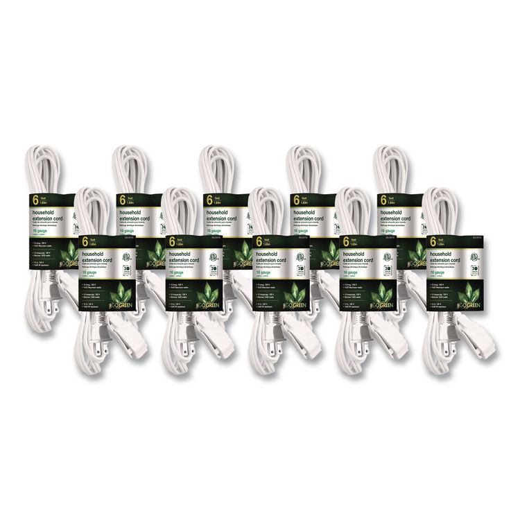 Household Extension Cord, 6 ft, 13 A, White 10/Pack