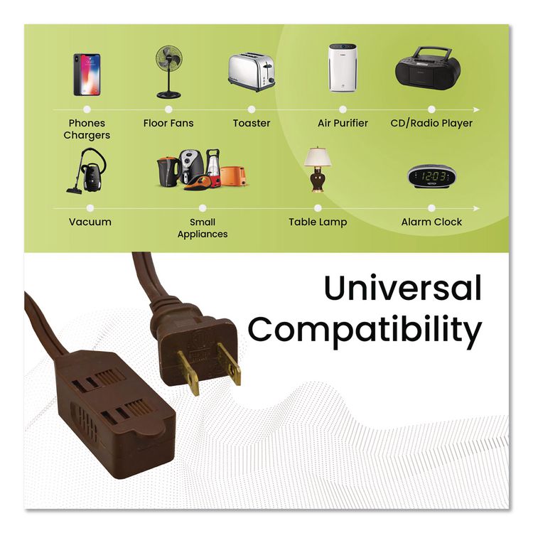 Household Extension Cord, 15 ft, 13 A, Brown, 3/Pack