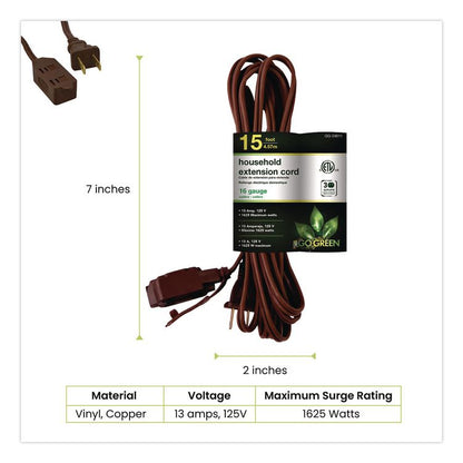 Household Extension Cord, 15 ft, 13 A, Brown, 3/Pack