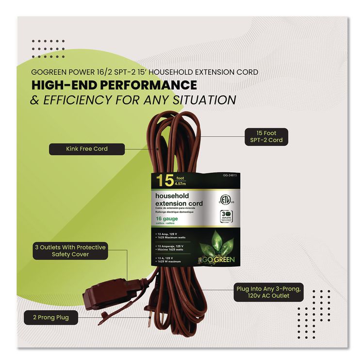 Household Extension Cord, 15 ft, 13 A, Brown, 3/Pack