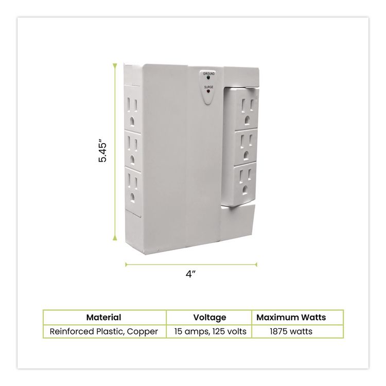 6 Outlet Swivel Wall Tap with Surge Protection, 1,000 J, White