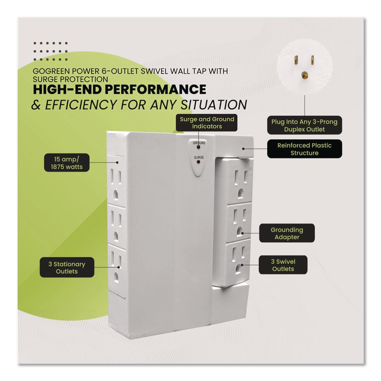 6 Outlet Swivel Wall Tap with Surge Protection, 1,000 J, White