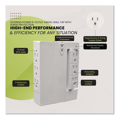 6 Outlet Swivel Wall Tap with Surge Protection, 1,000 J, White