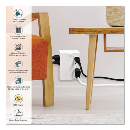 6 Outlet Swivel Wall Tap with Surge Protection, 1,000 J, White