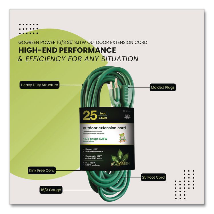 16 AWG Outdoor Extension Cord, 25 ft, 13 A, Green