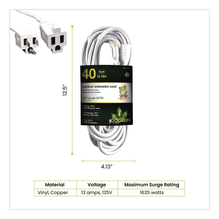 16 AWG Outdoor Extension Cord, 40 ft, 13 A, White