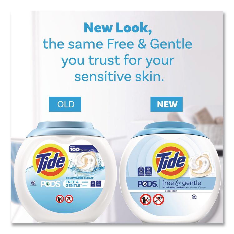 PODS Laundry Detergent, Free and Gentle, HE Compatible, 56 oz Tub, 76 Pacs/Tub, 4 Tubs/Carton