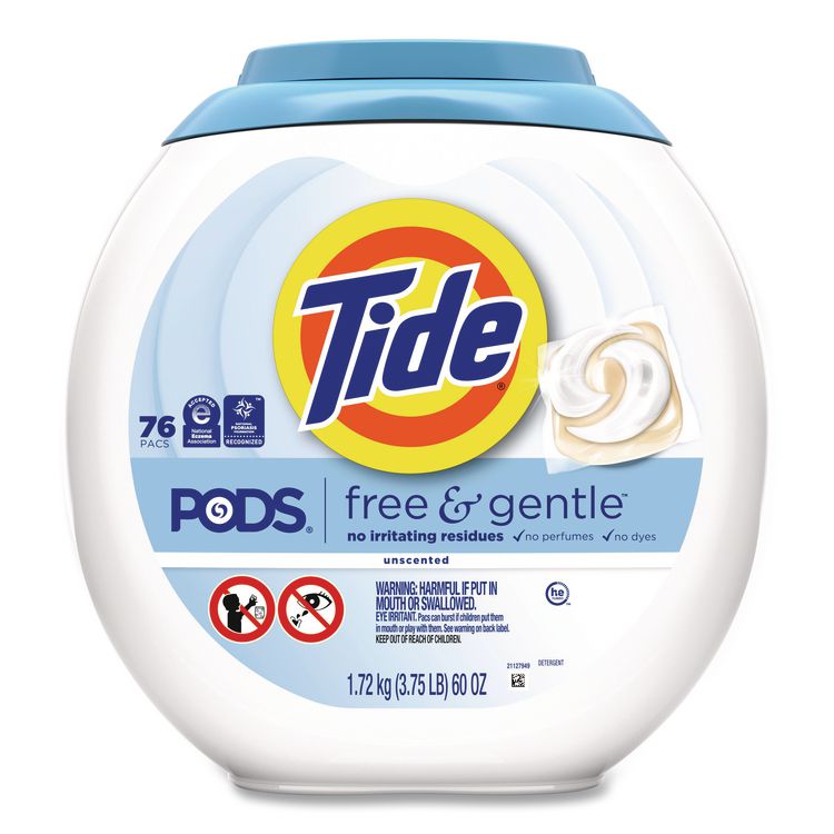 PODS Laundry Detergent, HE Compatible, Free and Gentle, 56 oz Tub, 76 Pacs/Tub