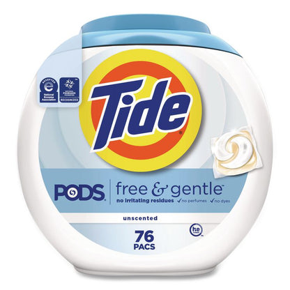 PODS Laundry Detergent, HE Compatible, Free and Gentle, 56 oz Tub, 76 Pacs/Tub