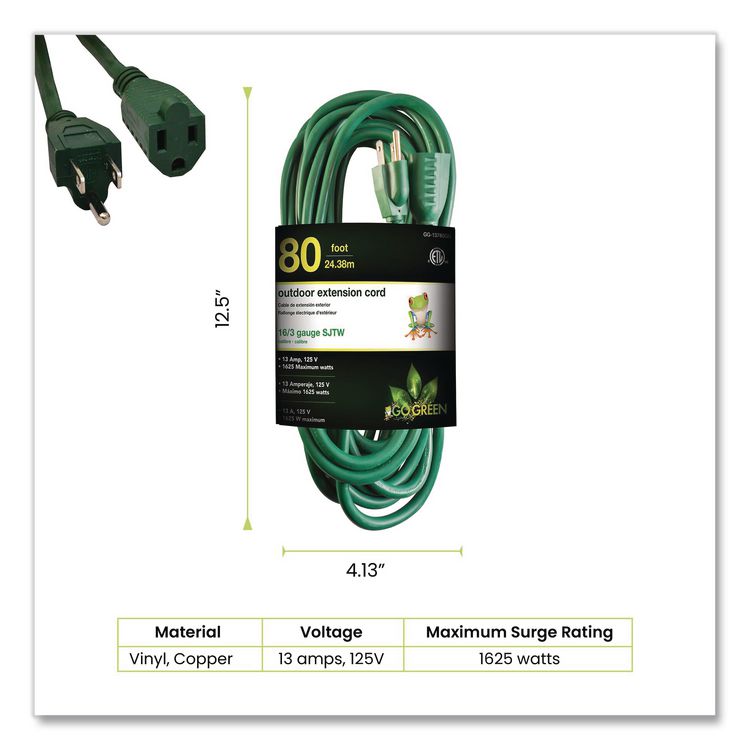 16 AWG Outdoor Extension Cord, 80 ft, 10 A, Green