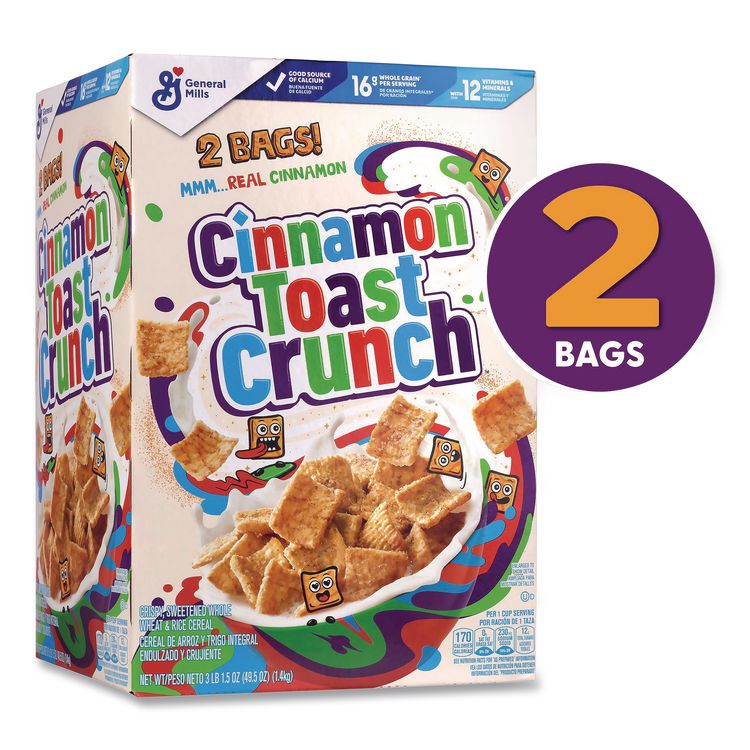 Cereal, Cinnamon, 2 Bags/Box, 49.5 oz Box
