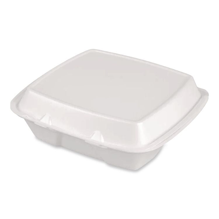 Foam Hinged Lid Container, Secure Two Tab Latch, Poly Bag, 9 x 9 x 3, White, 100/Bag, 2 Bags/Carton