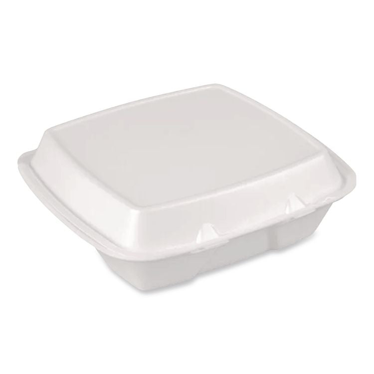 Foam Hinged Lid Container, Secure Two Tab Latch, Poly Bag, 9 x 9 x 3, White, 100/Bag, 2 Bags/Carton