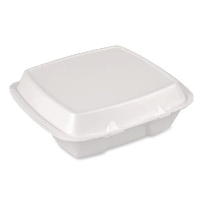 Foam Hinged Lid Container, Secure Two Tab Latch, Poly Bag, 9 x 9 x 3, White, 100/Bag, 2 Bags/Carton