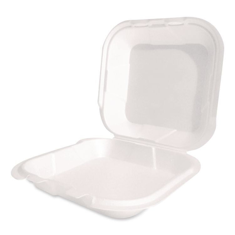 Foam Hinged Lid Container, Secure Two Tab Latch, Poly Bag, 9 x 9 x 3, White, 100/Bag, 2 Bags/Carton