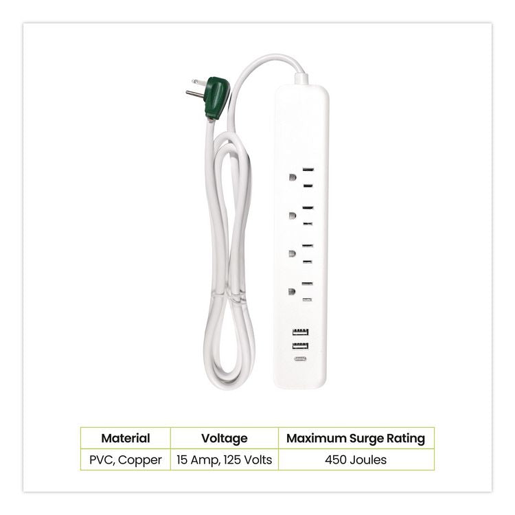 Four-Outlet Surge Protector with Three USB Ports, 4 ft Cord Length Cord, 450 J, White