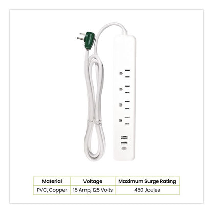Four-Outlet Surge Protector with Three USB Ports, 4 ft Cord Length Cord, 450 J, White