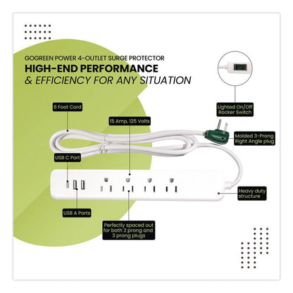 Four-Outlet Surge Protector with Three USB Ports, 4 ft Cord Length Cord, 450 J, White