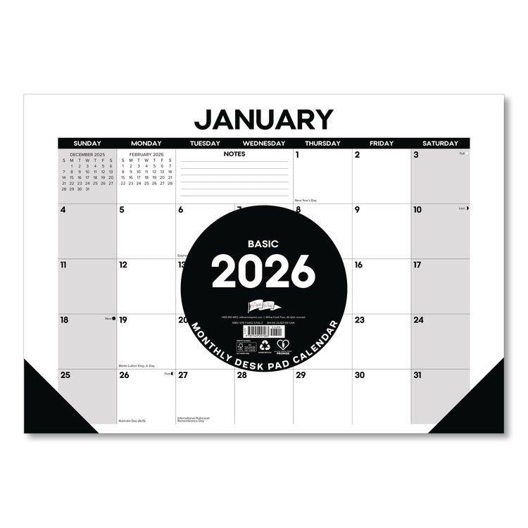Basic Small Monthly Desk Pad Calendar, 17 x 12, White/Gray/Black Sheets, Black Headband/Corners, 12-Month (Jan to Dec) 2026