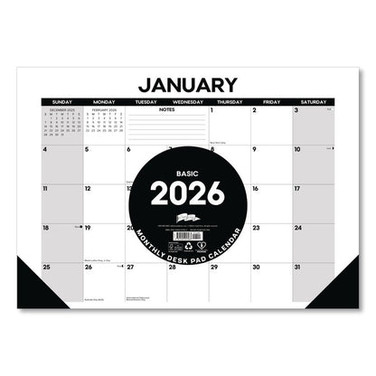 Basic Small Monthly Desk Pad Calendar, 17 x 12, White/Gray/Black Sheets, Black Headband/Corners, 12-Month (Jan to Dec) 2026