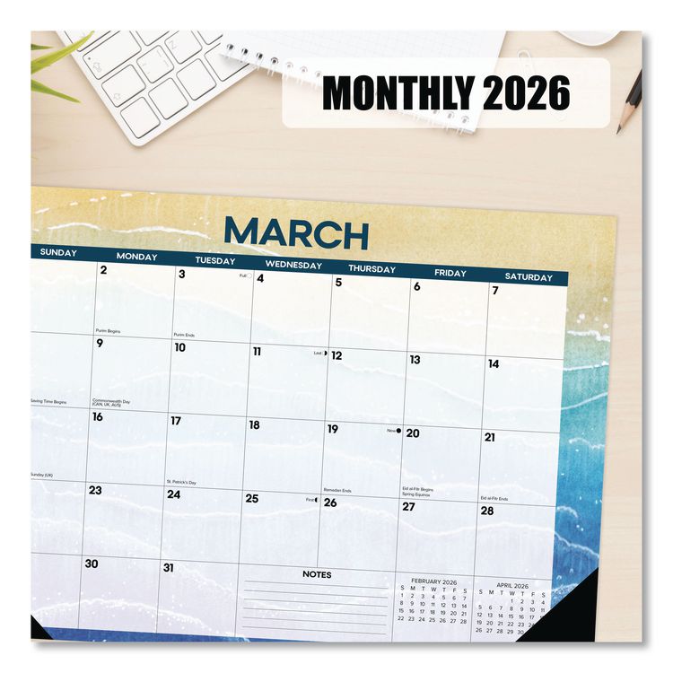 Beaches Monthly Desk Pad Calendar, 17 x 12, White/Multicolor Sheets, Black Headband/Corners, 12-Month (Jan to Dec) 2026