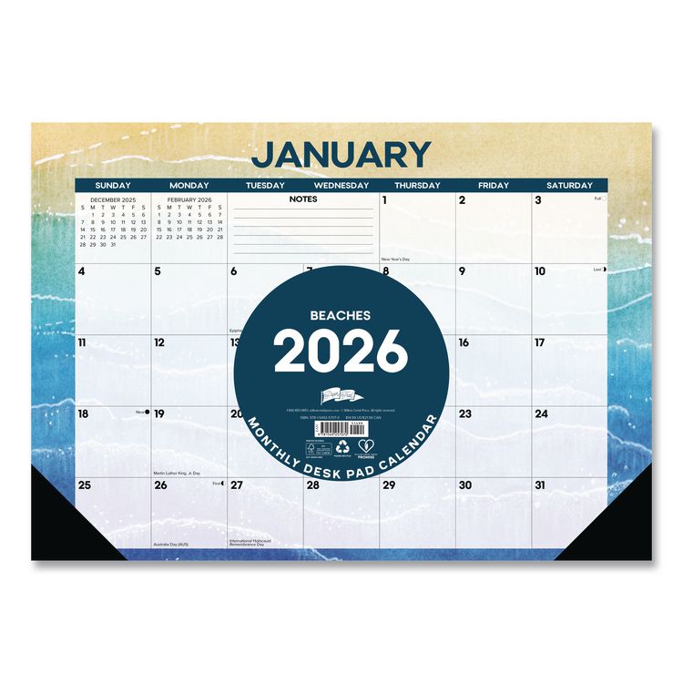 Beaches Monthly Desk Pad Calendar, 17 x 12, White/Multicolor Sheets, Black Headband/Corners, 12-Month (Jan to Dec) 2026