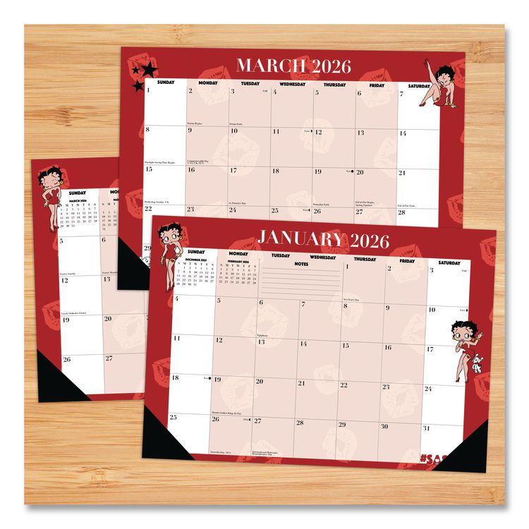 Betty Boop Small Monthly Desk Pad Calendar, 17 x 12, Red/White Sheets, Black Headband, Black Corners, 12-Month (Jan-Dec) 2026