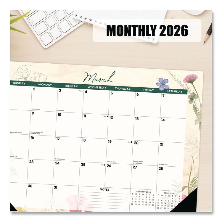 Botanical Garden Monthly Desk Pad Calendar, 17 x 12, Cream/Multicolor Sheets, Black Headband/Corners, 12-Month (Jan-Dec) 2026